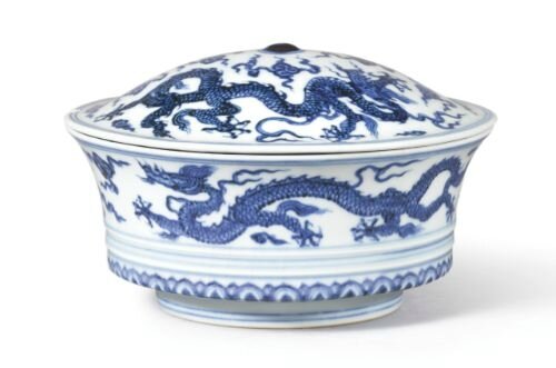 Blue and white ‘dragon’ bowl and cover, marks and period of Xuande, Collection of Au Bak Ling, formerly collection of Mr and Mrs R