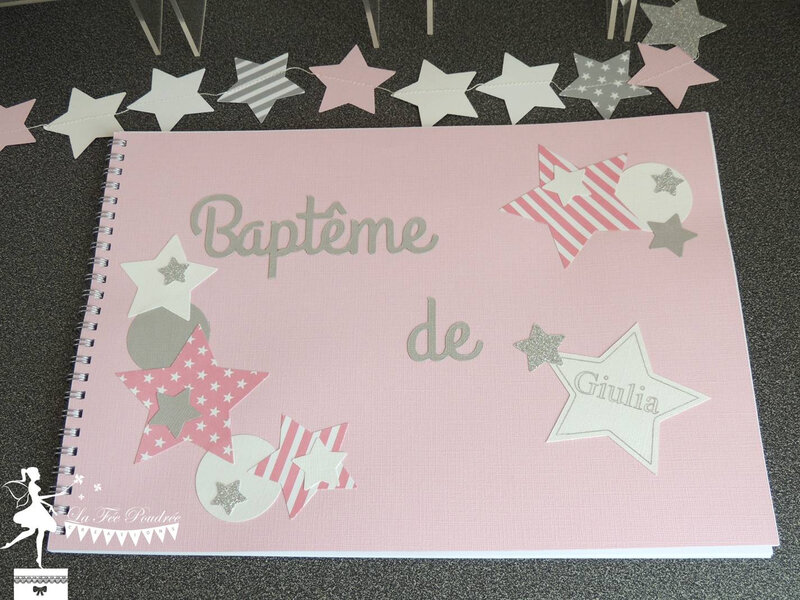 livre dor bapteme guirlande etoiles rose gris blanc