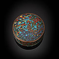 A fine and extremely rare phoenix and Buddhist emblem cloisonné enamel box and cover, 15th-<b>16th</b> <b>century</b>