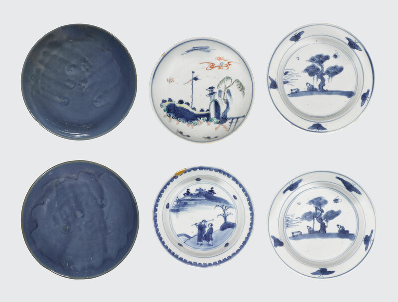 A group of six export porcelain saucer dishes with cobalt decoration, Late Ming-Transitional period