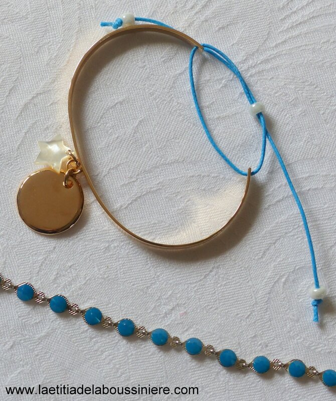 Demi jonc Love my children (médaille en plaqué or et étoile en nacre) et bracelet Kibrille bleu lagon - 69 € et 25 €