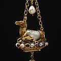 Gold and pearl pendant <b>jewel</b> in form of a couchant, probably Spanish or Netherlandish, early 17th century, with later additions.