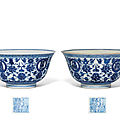 A pair of blue and white '<b>Birthday</b>' <b>bowls</b>, Qianlong six-character seal marks in underglaze blue and of the period (1736-1795)