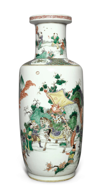 A fine famille-verte 'Warrior' rouleau vase, Qing Dynasty, Kangxi Period (1662-1722)
