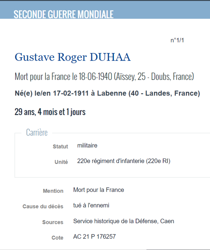 DUHAA Gusrave Roger Fiche militaire