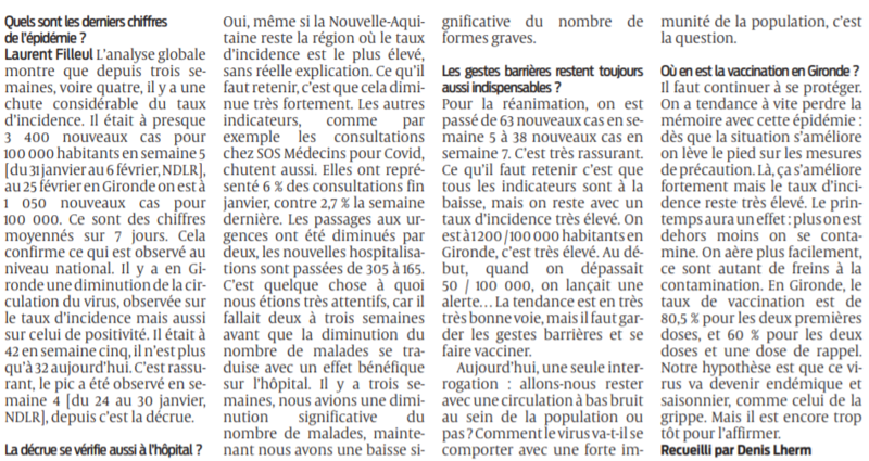 2022 02 26 SO Covid-19 Chute considérable du taux d'incidence en Gironde2