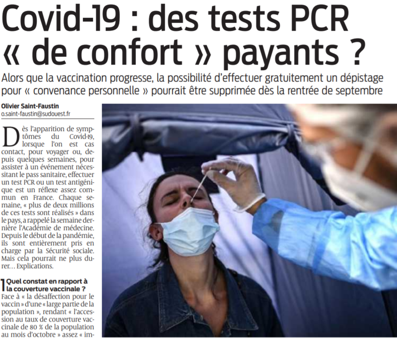 2021 06 30 SO Covid-19 des tests PCR de confort payants