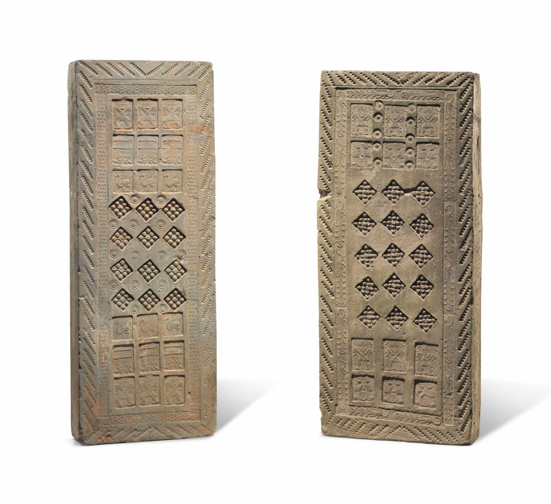 Two grey pottery rectangular tomb bricks, Han dynasty (206 BC-AD 220)