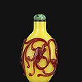 An unusual carved red overlay yellow glass snuff bottle. Probably Imperial Glassworks, Beijing, <b>1760</b>-<b>1840</b>