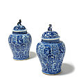 A large pair of <b>blue</b> <b>and</b> <b>white</b> <b>jars</b> <b>and</b> covers, Qing dynasty, Kangxi period (1662-1722)
