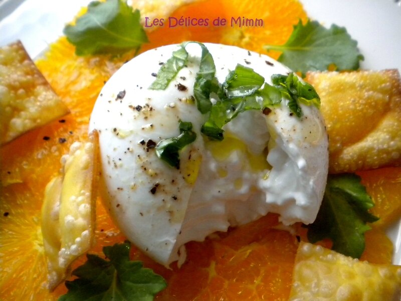 Burrata sur carpaccio d’oranges et croustillants de pâtes frites 5
