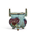 A rare and superb <b>Junyao</b> purple-splashed tripod incense burner, Jin-early Yuan dynasty
