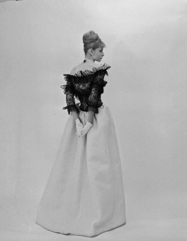 Evening dress of ivory silk gazar and black lace, photo by Cecil Beaton, 1962