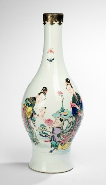 A rare large polychrome decorated ladies and boys bottle vase, Yongzheng period (1723-1735)
