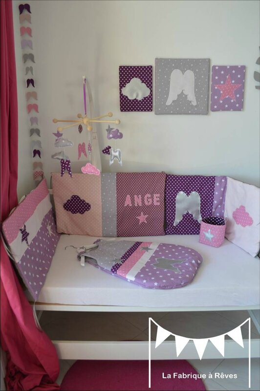 demi tour de lit 3 panneaux bébé naissance thème ange étoiles parme mauve violet argent gris rose B