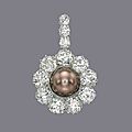 An early 20th century coloured natural pearl and diamond pendant, by <b>Gillot</b> & Co.