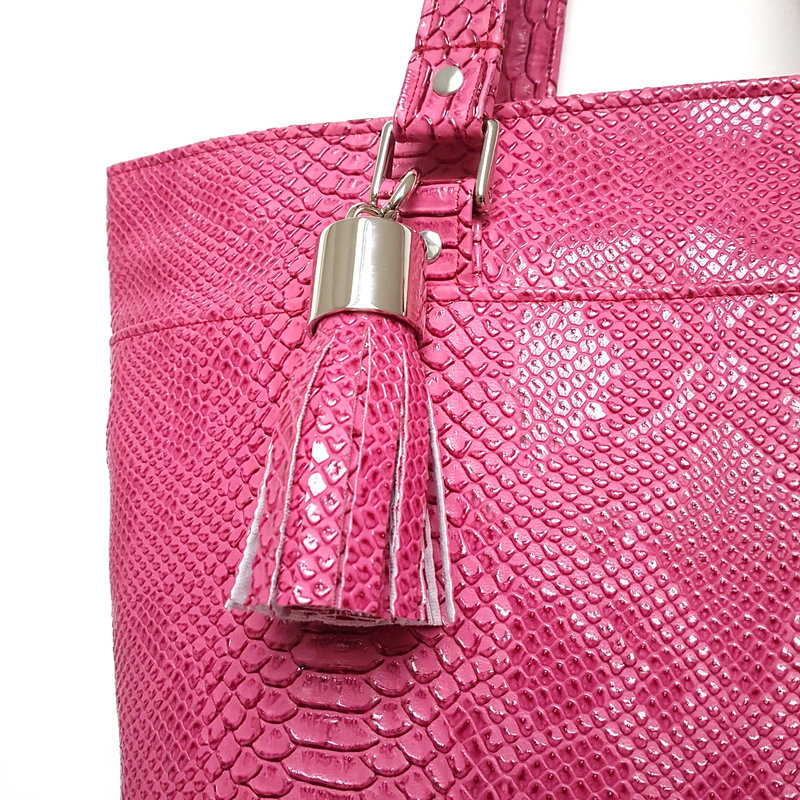 SAC CABAS SIMILI DRAGON FRAMBOISE GROS POMPON DETAIL POMPON