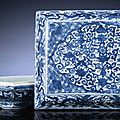 A fine and rare late Ming blue and white pierced rectangular <b>covered</b> <b>box</b>, Wanli six-character mark and of the period