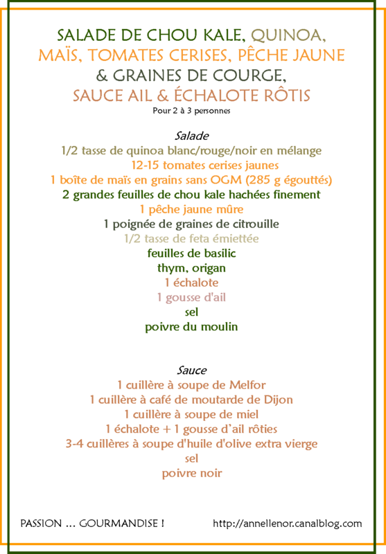 Salade chou kale-quinoa-maïs-feta-pêche jaune-graines de courge, vinaigrette ail & échalote rôtis_fiche1