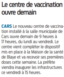 2021 03 10 SO Cars le centre de vaccination ouvre demain