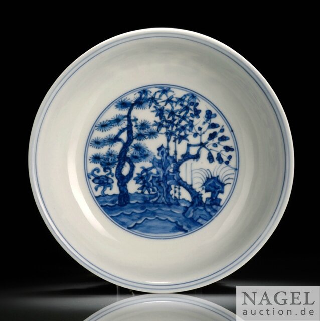 A very rare blue and white 'three friends of winter' dish, China, Jiajing six-character mark and period (1522-1566)