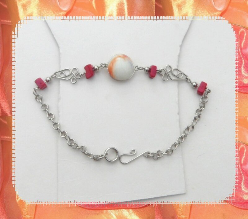 Bracelet Lalita Perle Murano Orange et Blanc_ Pierres de Roche Argent d'alpaca Rouges Artisanat du Pérou