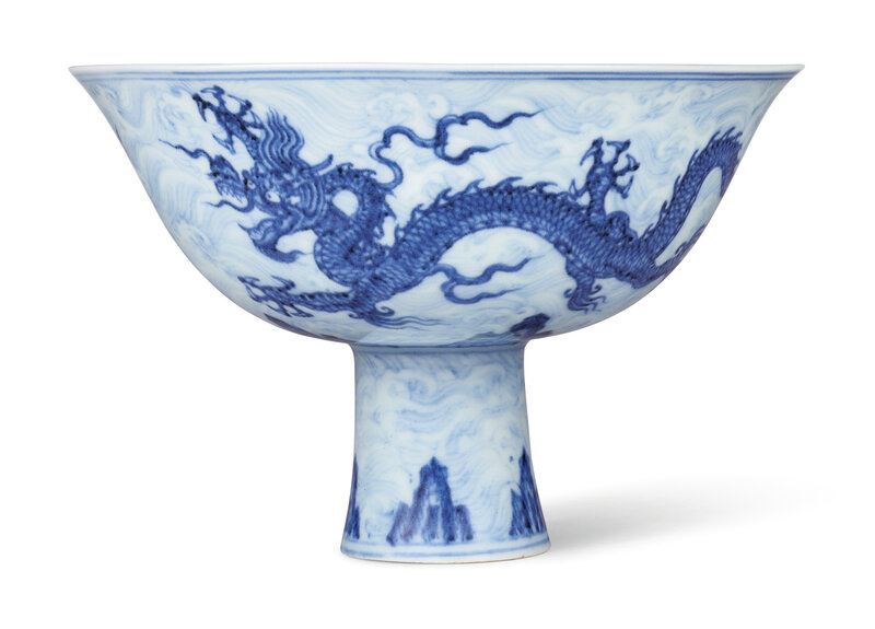 An exceptionally rare anhua-decorated blue and white ‘dragon’ stem bowl, Mark and period of Xuande (1426-1435)