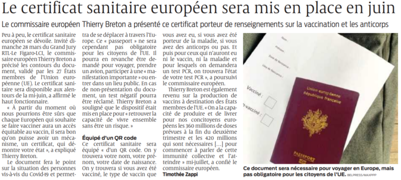 2021 03 29 SO Le certificat sanitaire européen sera mis en place en juin