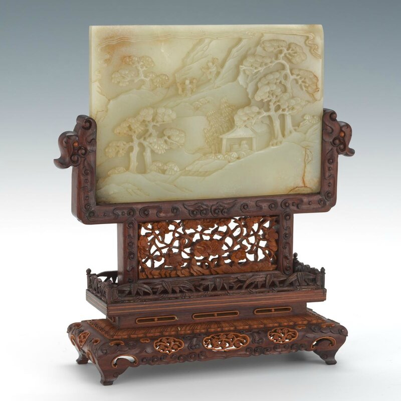 Carved White Jade Screen in Boxwood Stand, ca