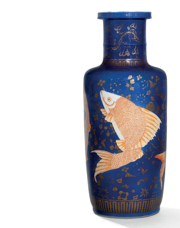 A fine and rare iron-red and gilt-decorated 'Carp’ rouleau vase, Kangxi period (1662-1722)