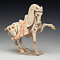 A painted pottery figure of a <b>prancing</b> <b>horse</b>, Tang dynasty (618-907)