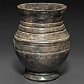 A small burnished black pottery jar, Late Shang Dynasty, <b>Anyang</b> <b>Phase</b>, 13th-12th century BC