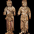 A pair of two very important finely carved and painted wood standing Bodhsattva, <b>Jin</b> <b>dynasty</b>, 12th-13th century