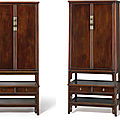 A pair of huanghuali round-corner tapered <b>cabinets</b> on <b>stands</b>, yuanjiaogui, Late Ming dynasty