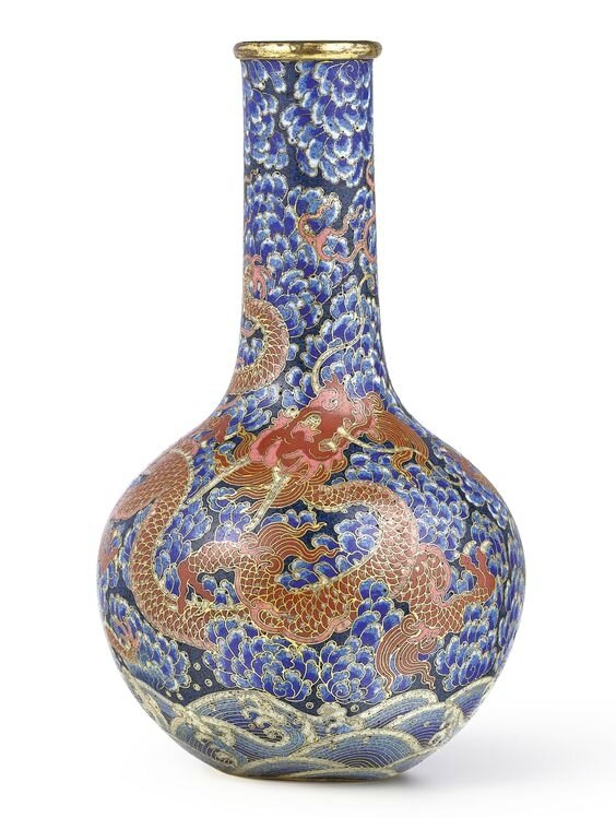 A rare cloisonné enamel and gilt-bronze ‘dragon’ vase tianqiuping, Qing dynasty, early 18th century