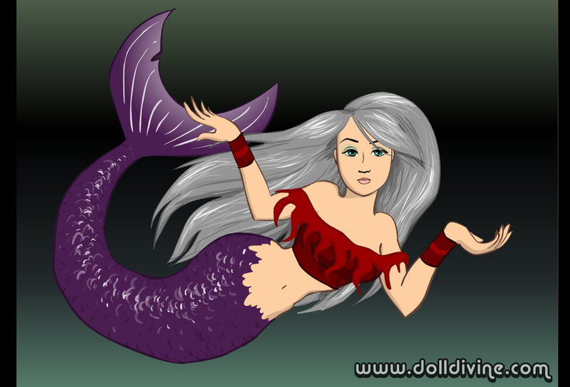 Dolldivine mermaid maker - cheveux gris lâchés et nageoire violette