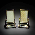 A rare pair of Imperial white and spinach-green jade and cloisonné enamel 'Shou Characters' screens, <b>Qianlong</b> <b>period</b> (1736-1795)