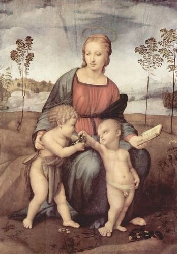 Bibl-Hist- La Vierge au chardonneret (avec l'Enfant-Jésus et saint Jean Baptiste enfant), par Raphaël (1507