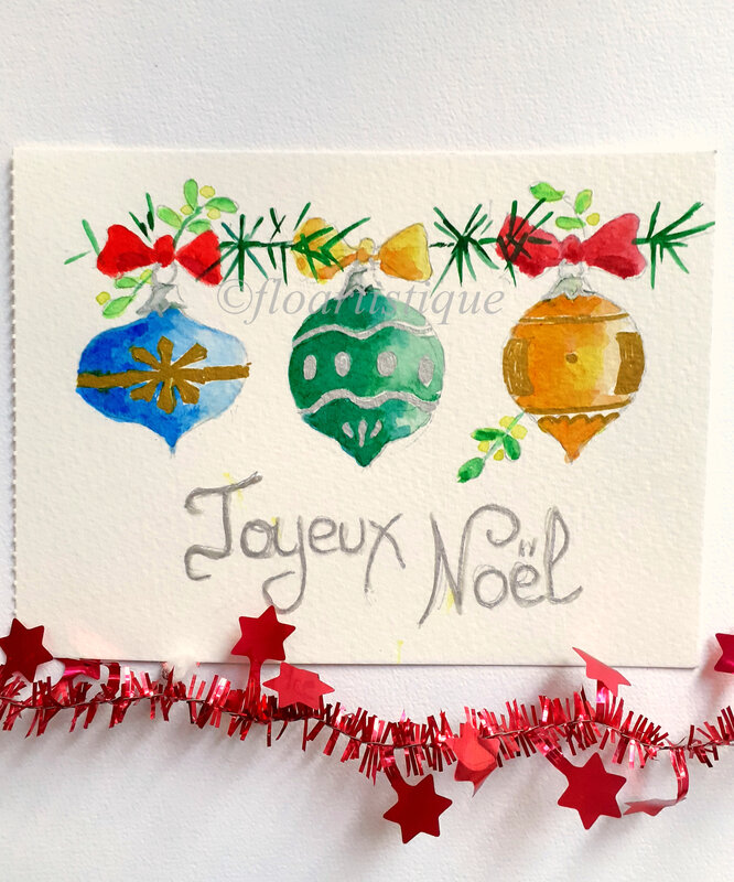 carte originale Joyeux Noël 3 boules noeuds épines pin