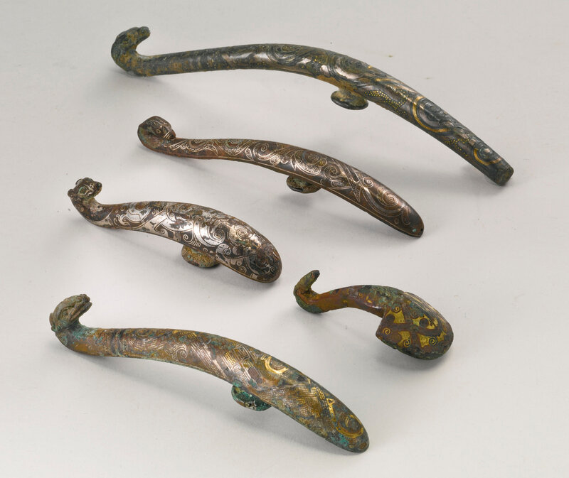 Five inlaid bronze belt hooks, Warring States period (475-221 BC)1