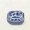 <b>A</b> blue and white 'Figures' rectangular box and cover, Jiajing six-character mark and of the period (1522-1566)