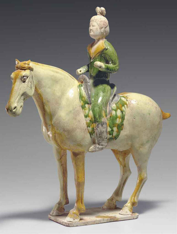 A sancai-glazed pottery figure of an equestrienne, Tang dynasty (618-907) 