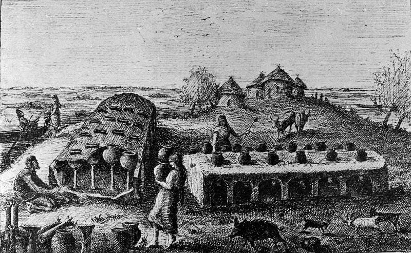 Idée de L'Ilot dessin de Octave de Rochebrune décrivant les huttes gauloises et les savonneries de l'Ilot-les-Vases à Nalliers Vendée