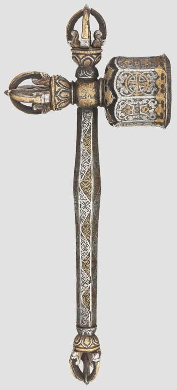 A Tibetan vajra hammer with gold and silver inlays, 15th century