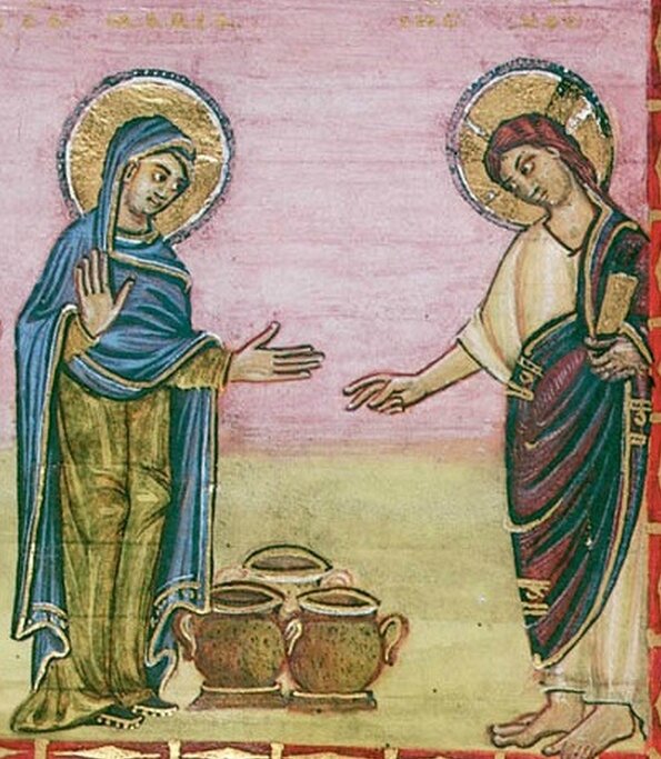 les noces de Cana, Marie et Jésus, détail codex Egbert