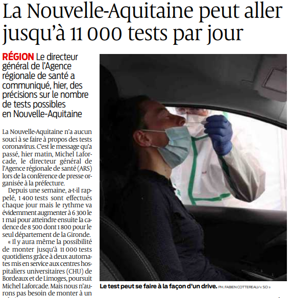 2020 05 09 SO La Nouvelle-Aquitaine peut aller jusqu'à 11 000 tests par jour