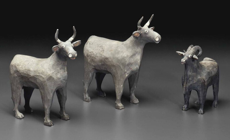 Three unusual painted grey pottery figures of domestic animals, Warring states-Han dynasty, 4th-3rd century BC