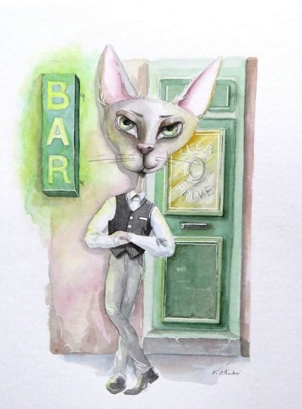 aquarelle chat nuit club bar illustration valerie albertosi