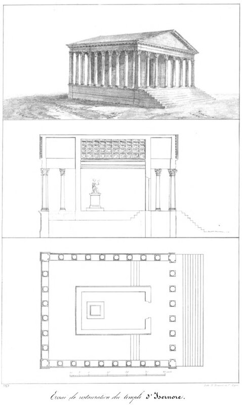 Reconstitution (dessin) du temple romain d'Izernore in Saint-Didier, 1837
