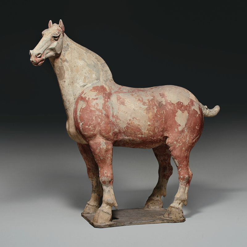 A massive painted grey pottery figure of a horse, Tang dynasty (618-907)